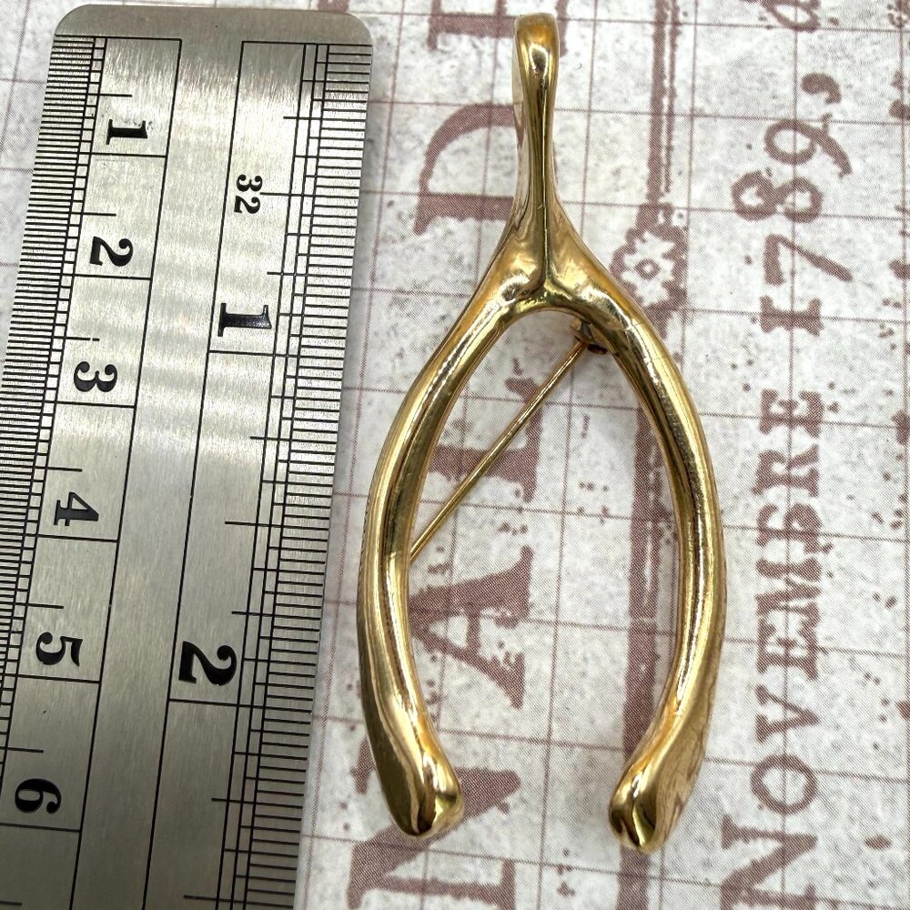 1950s Vintage Large Gold Tone Wishbone Brooch Pin Good Luck Symbol Estate - Picture 2 of 11